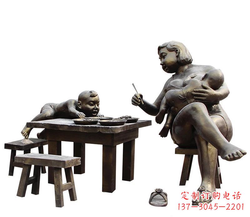 漳州哺乳的母亲和吃饭的儿童公园小品铜雕