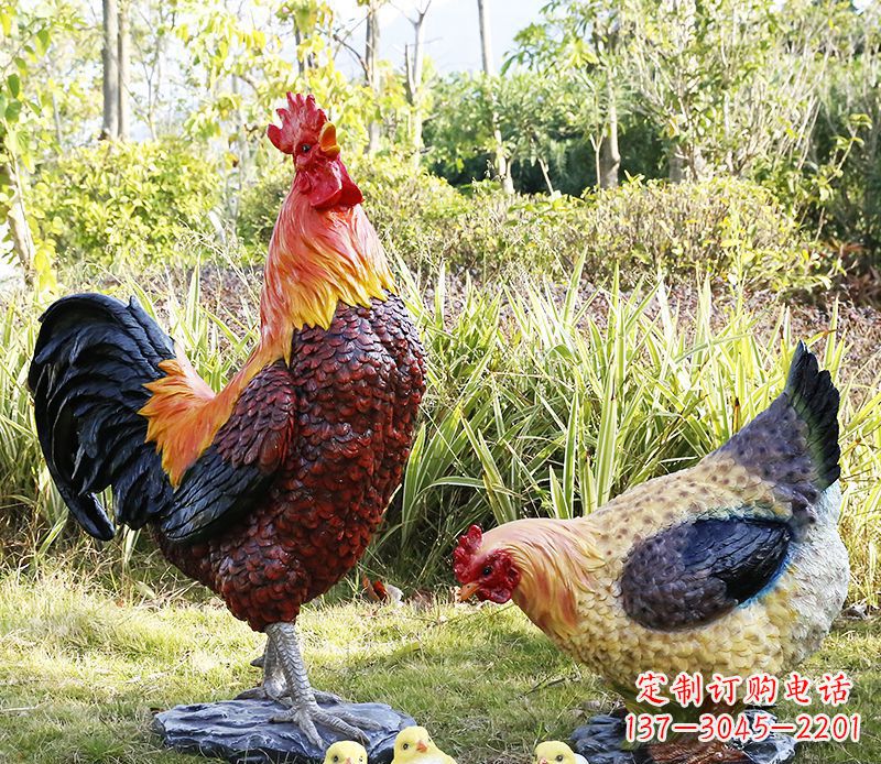 漳州厂家直销户外园林树脂仿真公鸡母鸡 装饰品雕塑 玻璃钢绿化雕塑