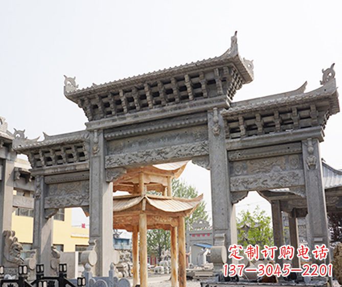 漳州村庄大理石三门牌坊石雕