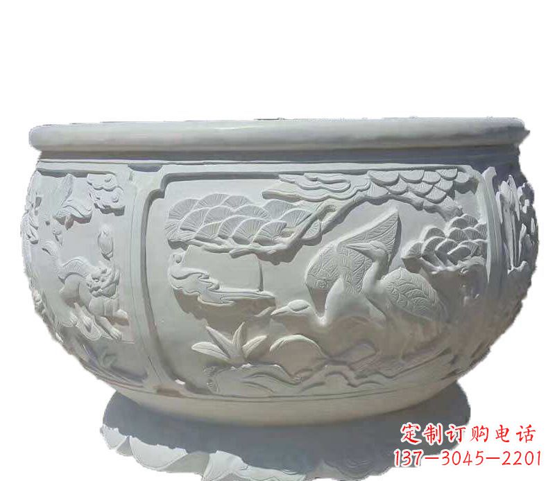 漳州仿古鱼缸石雕花盆摆件