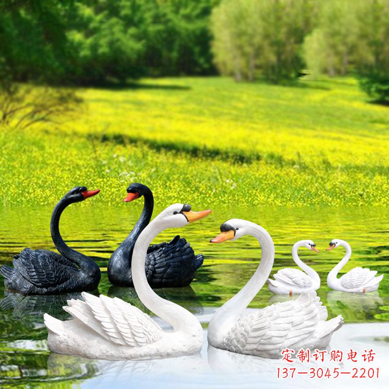 漳州仿真天鹅玻璃钢雕塑-黑白天鹅园林水景装饰动物摆件