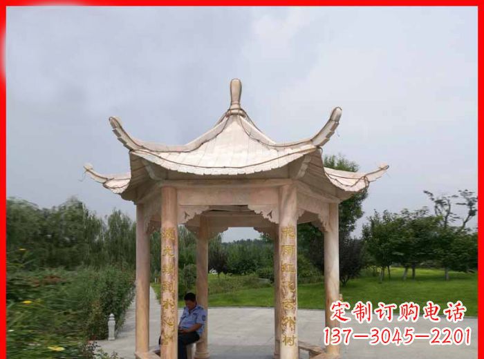 漳州晚霞红六角石凉亭雕塑