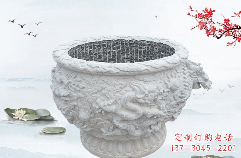 漳州汉白玉龙浮雕水缸,传承传统经典