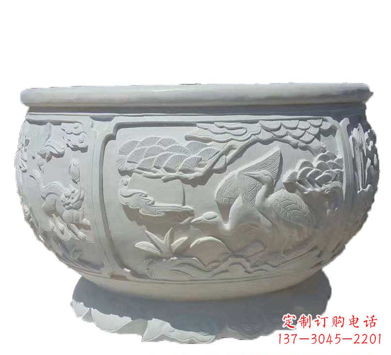 漳州汉白玉松鹤延年浮雕水缸，带给您无尽的岁月美景