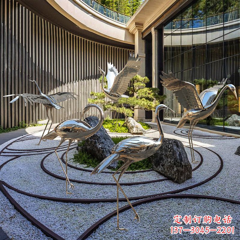 漳州镜面不锈钢仙鹤雕塑,别墅庭院室内动物装饰摆件