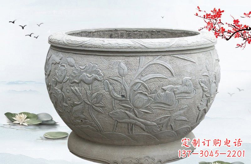 漳州连年有余浮雕水缸石雕