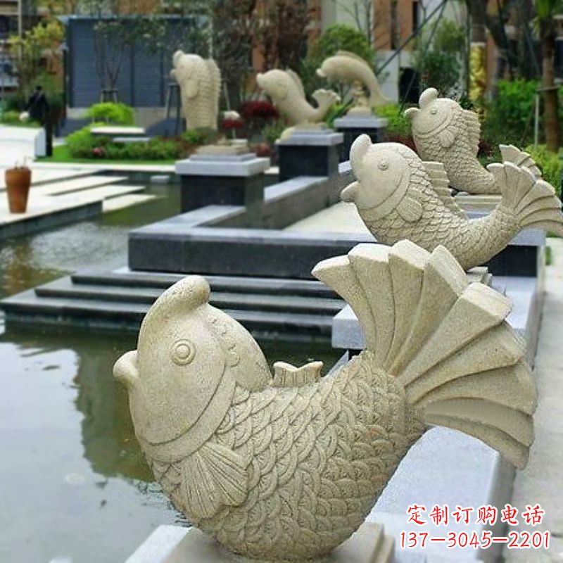 漳州喷水鱼砂岩石雕-园林水池雕塑