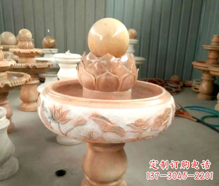 漳州石来运转晚霞红风水球喷泉石雕