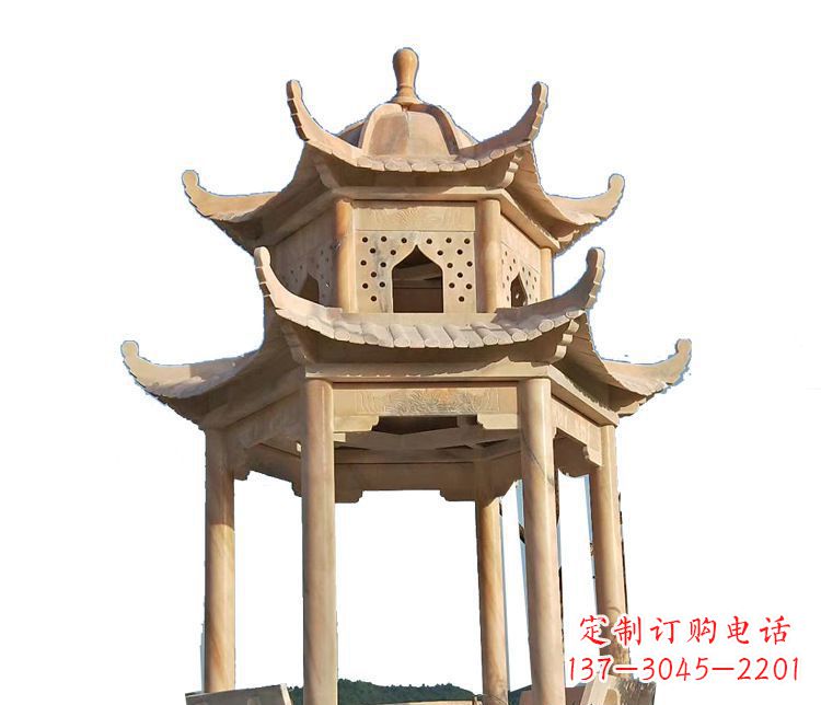 漳州双层晚霞红凉亭石雕 (2)