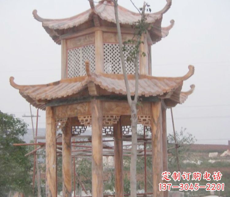 漳州双层晚霞红石凉亭石雕 (2)