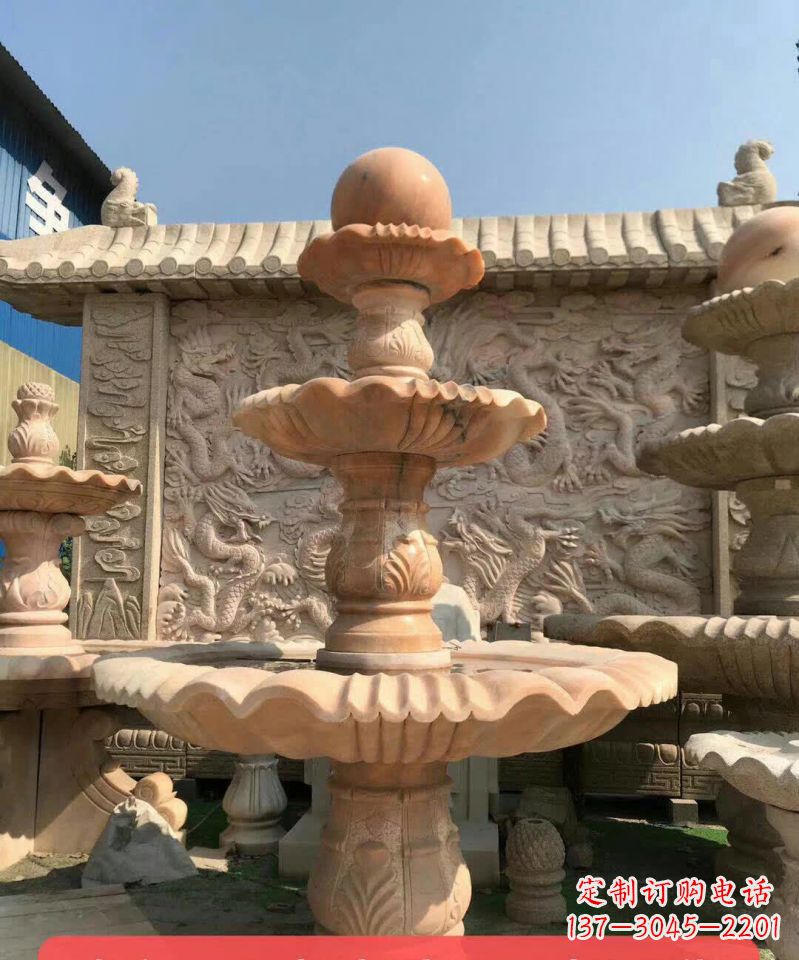 漳州晚霞红风水球石雕喷泉