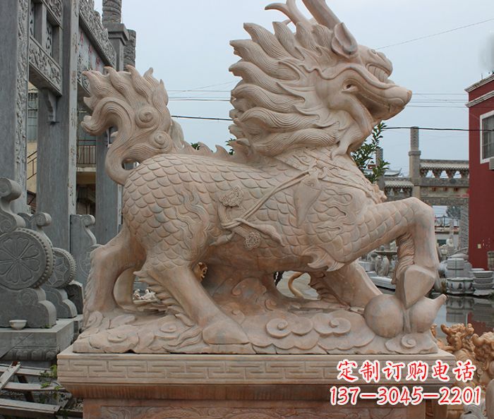 漳州晚霞红古代神兽麒麟石雕