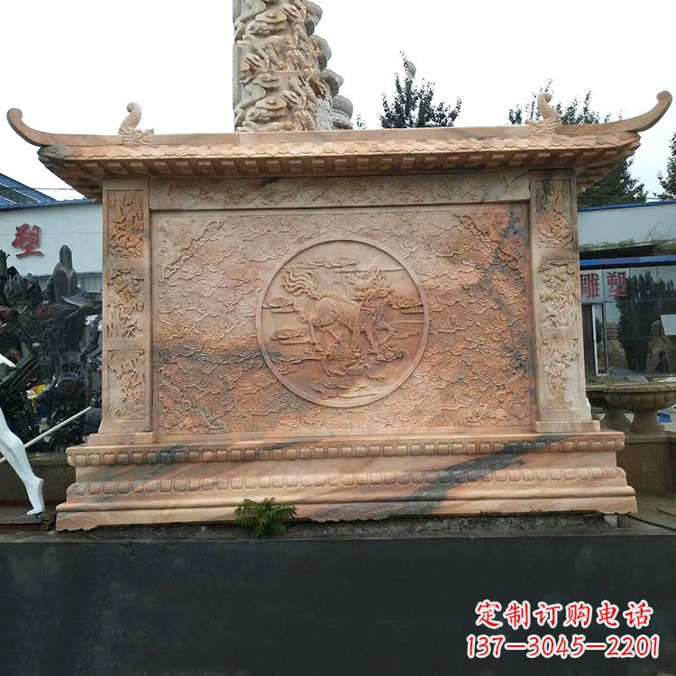 漳州晚霞红麒麟影壁墙石雕