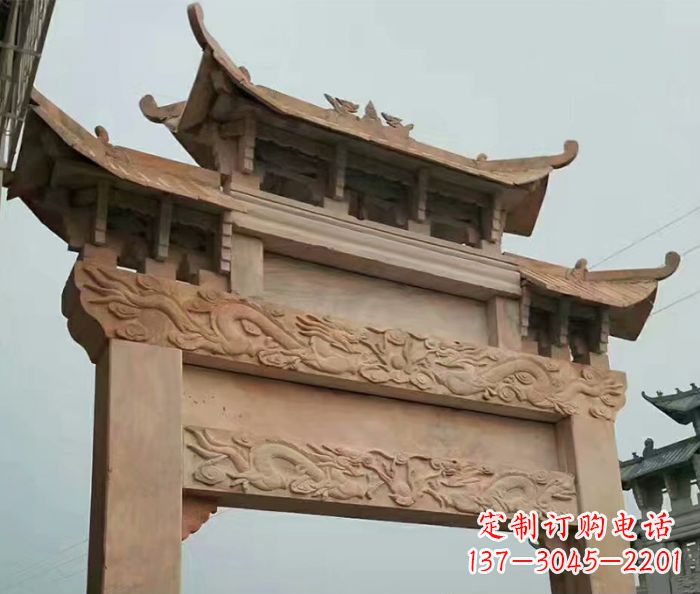 漳州晚霞红石雕单门牌坊