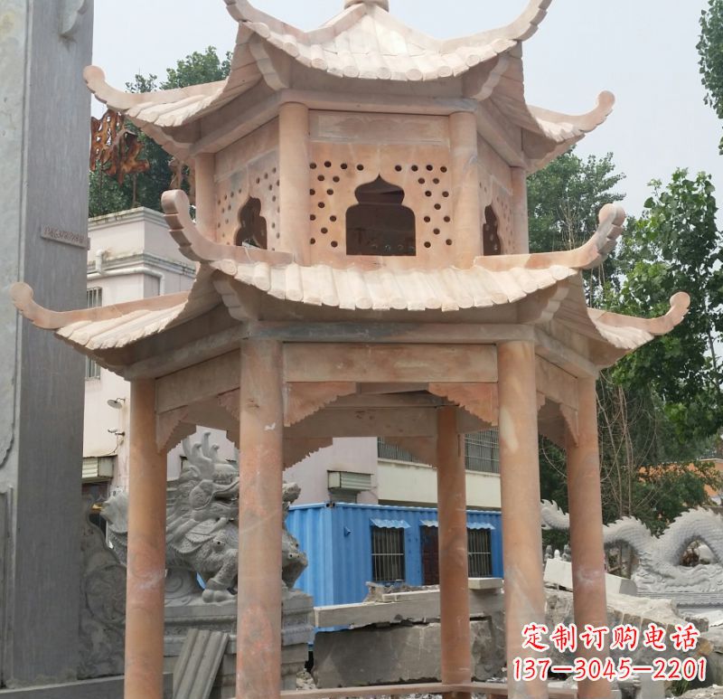 漳州晚霞红双层六角凉亭石雕 (2)
