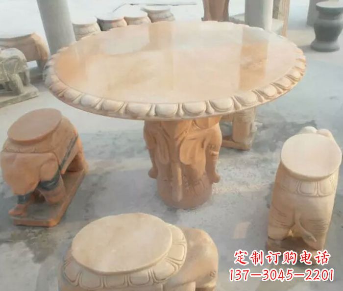 漳州晚霞红小象桌凳别墅石雕 (2)
