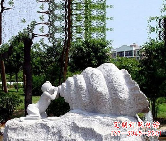 漳州小区景观小孩吹螺号石雕