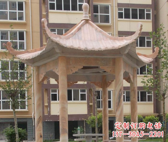 漳州小区晚霞红六角凉亭石雕