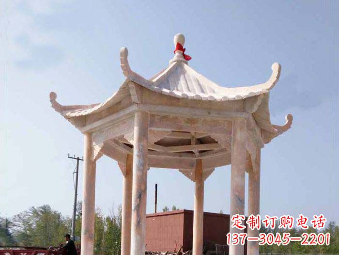 漳州园林景观晚霞红六角石雕凉亭