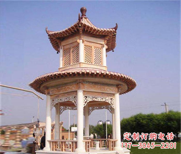 漳州园林景观晚霞红双层石雕凉亭 (4)