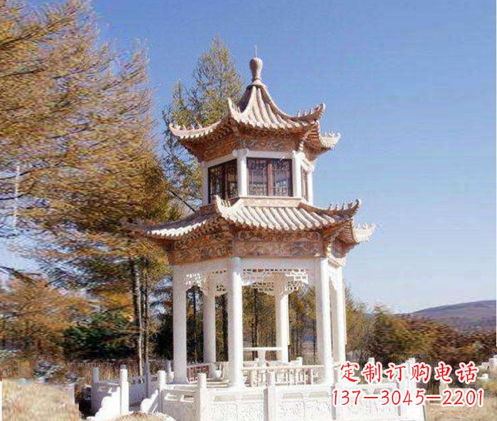 漳州园林景观晚霞红双层石雕凉亭 (3)