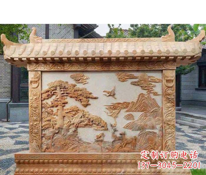 漳州园林景观晚霞红松鹤石浮雕影壁