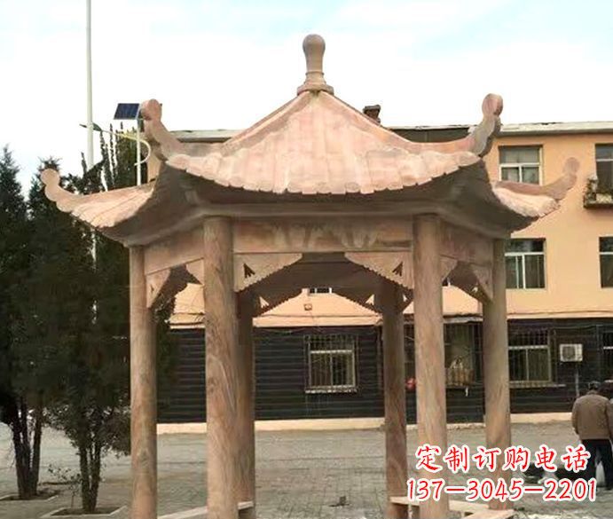 漳州园林晚霞红六角石雕凉亭