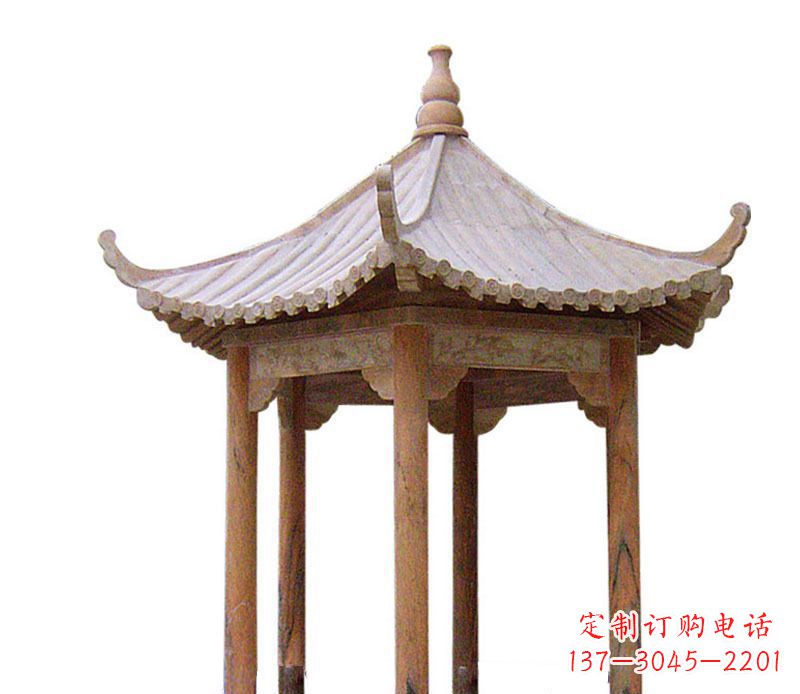 漳州园林晚霞红六角石凉亭景观石雕 (2)