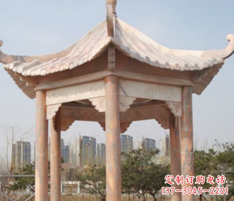 漳州园林晚霞红六角石凉亭景观石雕