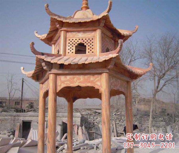 漳州园林晚霞红石凉亭景观石雕