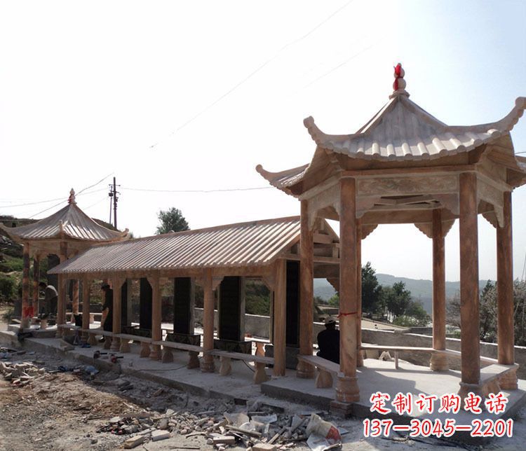 漳州园林晚霞红长廊凉亭景观石雕
