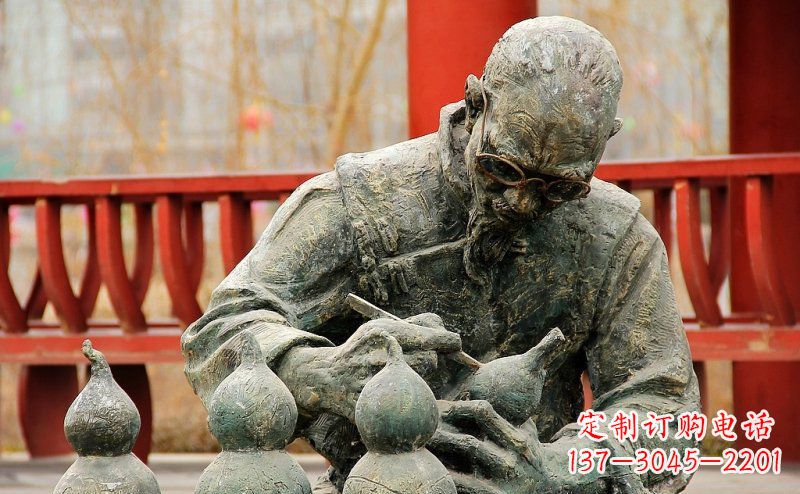 漳州园林在葫芦上刻字的老人小品铜雕